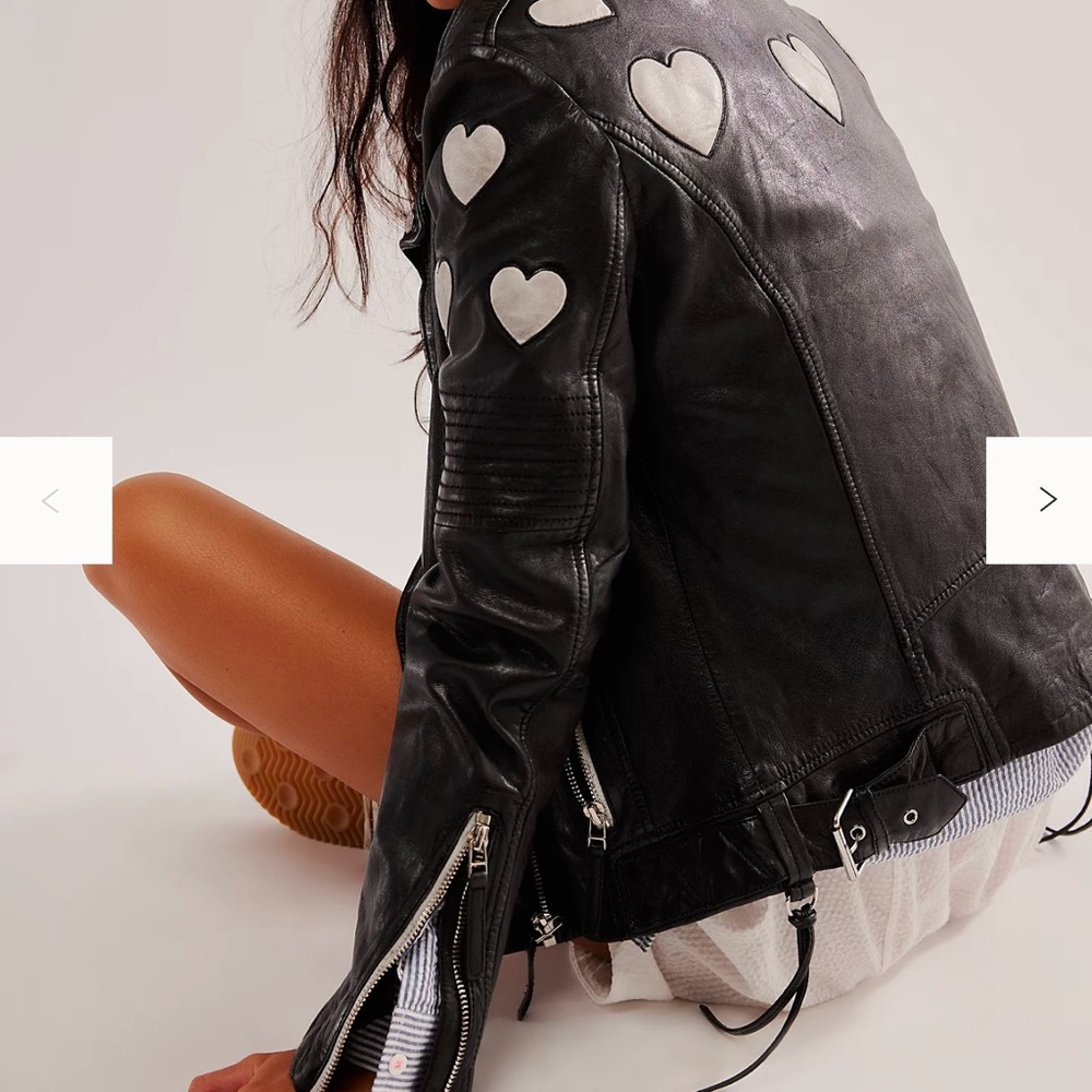 Free People Black Leather Jacket with White Heart Appliqués - Picture 2 of 3